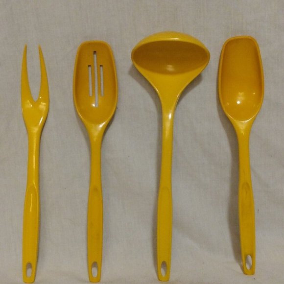 Vtg Foley Yellow Plastic Kitchen Utensils Serving Slotted Ladle Soup Spoon Fork - Picture 1 of 4